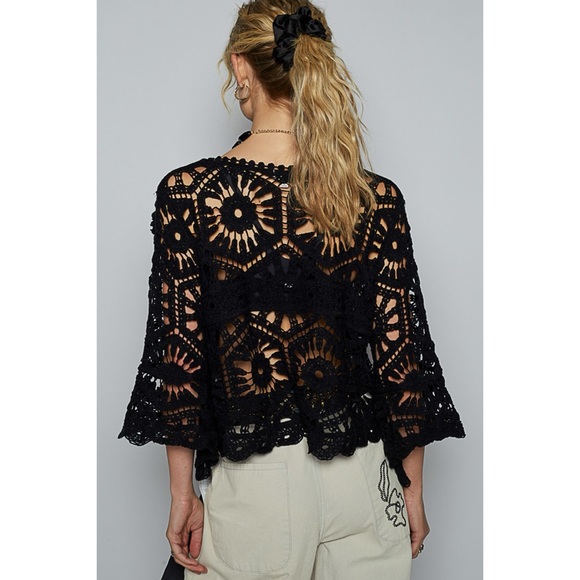 POL Black Crochet Top | Boho Bell Sleeve Knit | Summer Goth Festival Vibe - Picture 5 of 7